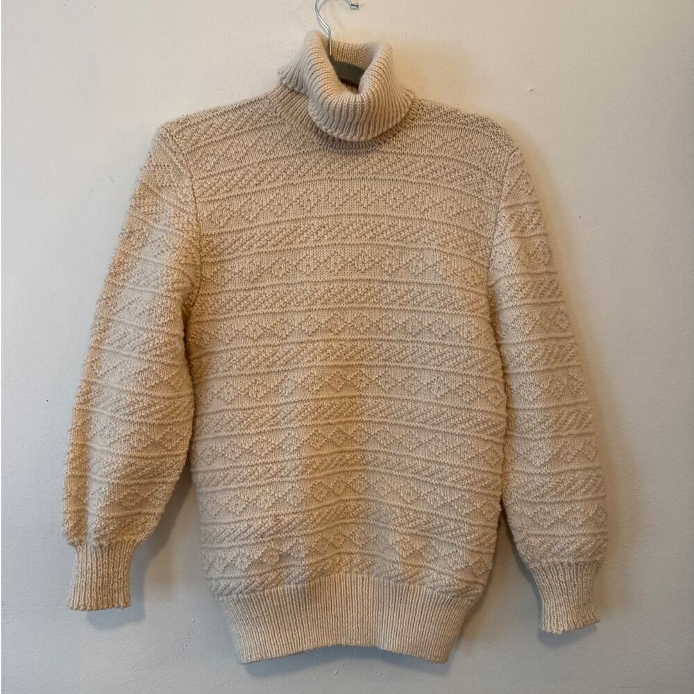 Hand Knit 100% Wool Cream Geometric Turtleneck Sweater Size S